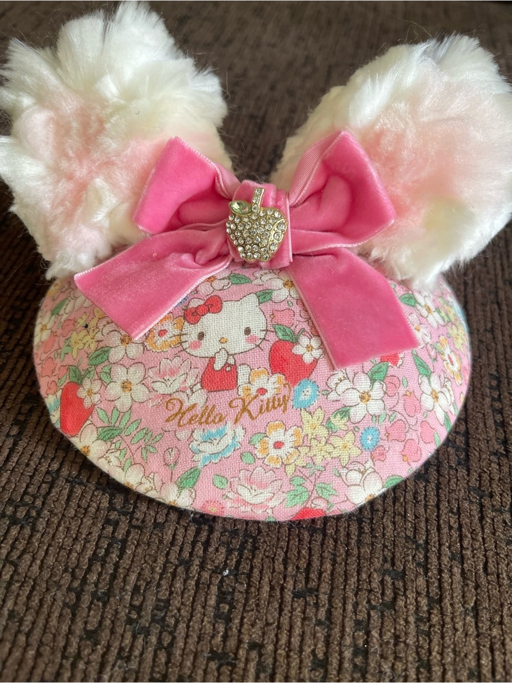 RARE Hello Kitty Pink Floral Plush Ear Headband with Bow and Rhinestone Apple
